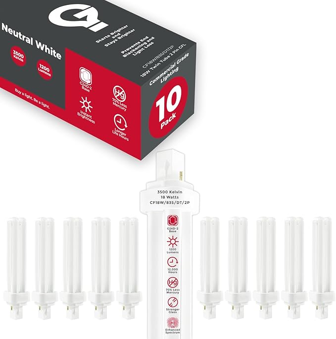 GoodBulb 18 Watt CFL Light Bulbs 2 Pin G24D-2 Base 3500K Neutral White 18W High Output 1200 Lumens Double Tube Compact Fluorescent Light Bulbs Plug-in 10 Pack