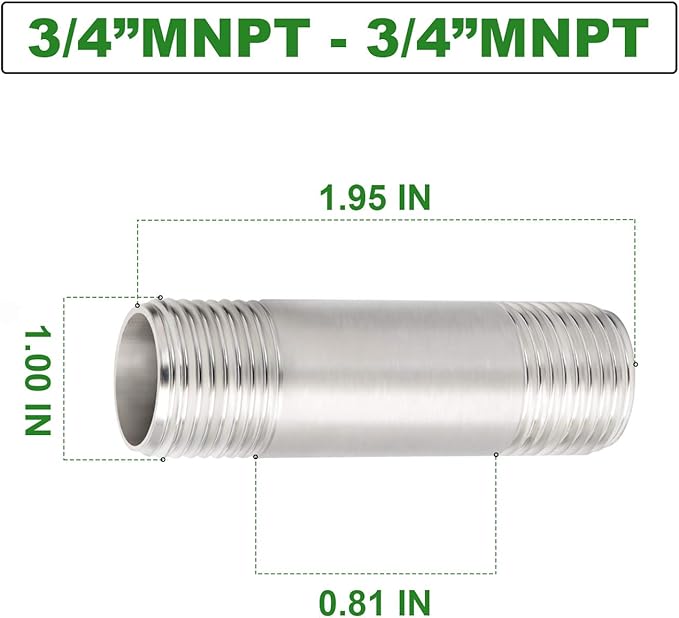 TAISHER 2Pcs Stainless Steel Pipe Fittings, 3/4" NPT x 3/4" NPT Male Threaded, 2" Length Nipple Cast Pipe