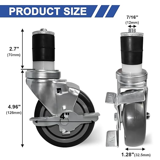 MySit 4 Inches Prep Table Wheels 4 Pack, Expanding Stem Casters with Side Brake Fit 1-1/2", 1-5/8", 1-3/4", 1-7/8"ID Tube Pipe Legs for Stainless Steel Kitchen Cart, Wire Shelving Racks
