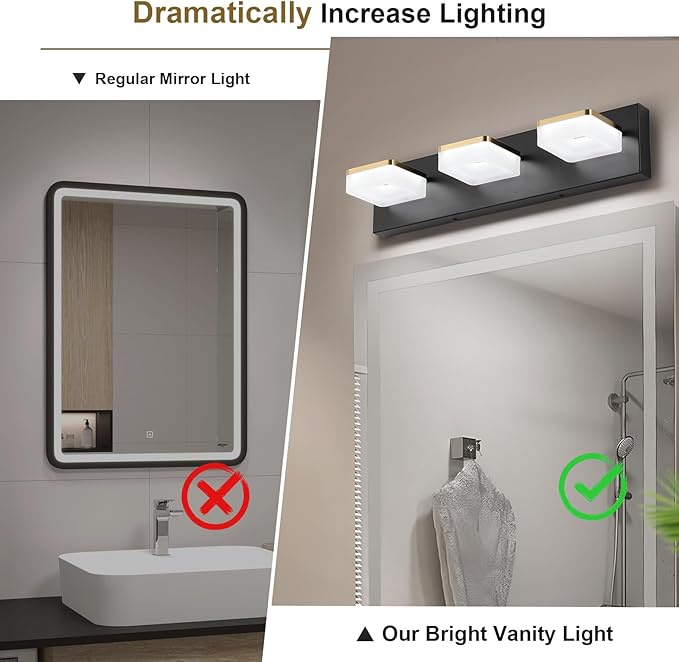 3 Light Bathroom Vanity Light - Modern Dimmable Black and Gold Bath Light Fixtures for Bathroom, 3 Lights Over Mirror, LED Wall Sconces, Daylight 5500K, Great for Makeup and Grooming