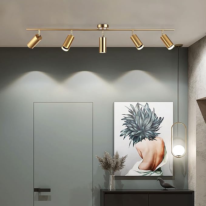 KCO Lighting Modern 5-Lights LED Track Lighting Kit Brushed Brass Kitchen Ceiling Spotlights Light Fixture Mid Century Gold Adjustable Flush Mount Ceiling Spot Light (5 Lights)