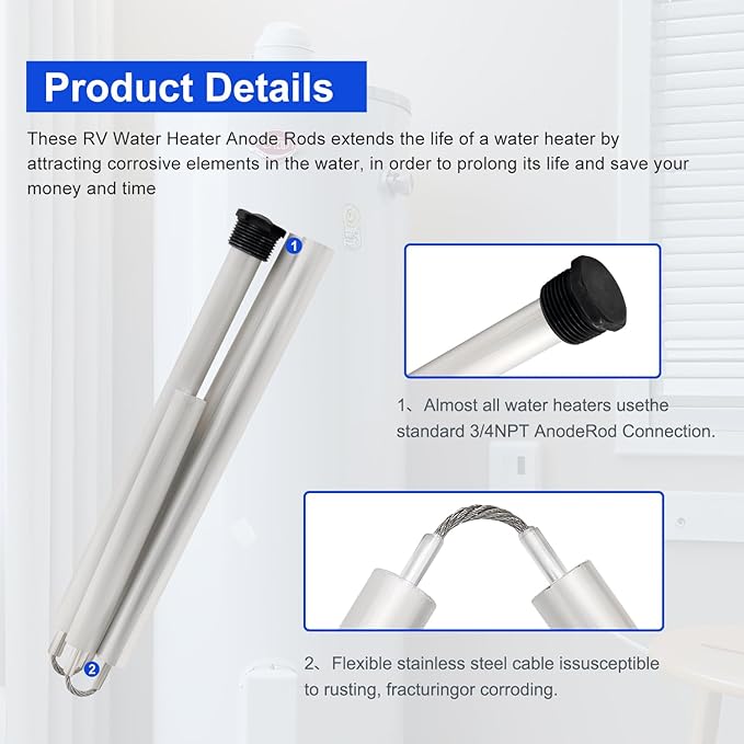 44 Inch Flexible Magnesium Water Heater Anode Rod 3/4" NPT Thread Replacement for AO Smith, Rheem, Reliance, Richmond, Kenmore, GE & State Includes 1-1/16" Hex Socket Tool & Teflon Tape