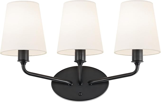 Emak Modern Black Vanity Light, Farmhouse Bathroom Light Fixtures with Flared White Fabric Shade, 3-Light Wall Sconces for Bathroom, Hallway, Bedroom, VL132-BK-WF-3