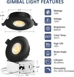 Sublimation Black Black 1 Pack 3 Inch 3CCT Gimbal Led Recessed Light with Junction Box 10w,Waterproof recessed Lights for Shower,3 Colors Adjustable