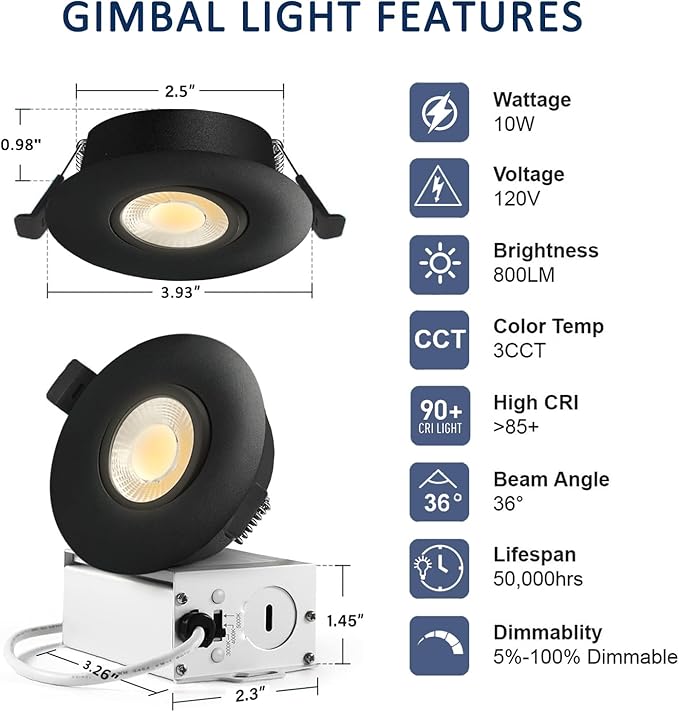 Sublimation Black 8 Packs 3 Inch 3CCT Gimbal Led Recessed Light with Junction Box 10w,Waterproof recessed Lights for Shower,Black recessed Lights,3 Colors Adjustable