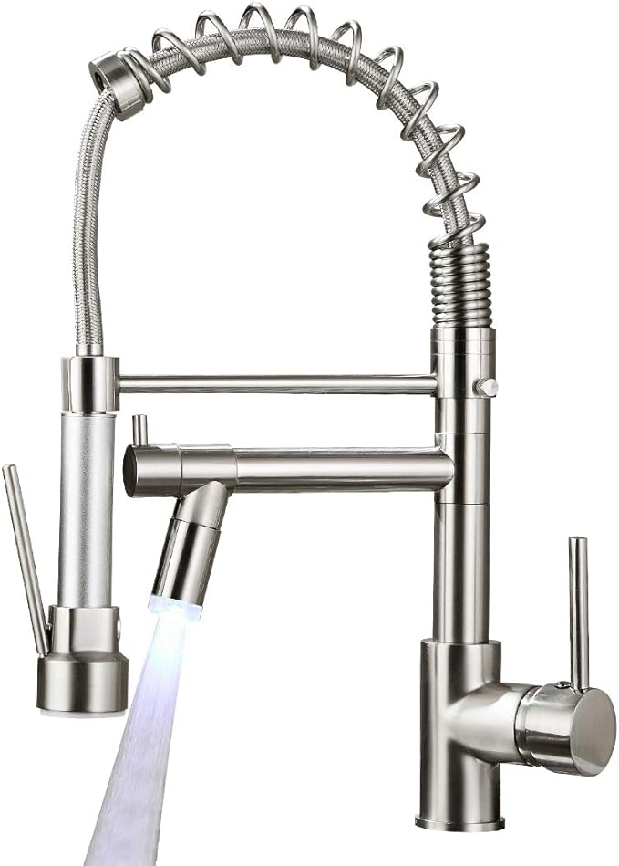 AIMADI Commerical Kitchen Faucet with Sprayer,Single Handle Pull Down Sprayer Kitchen Sink Faucet with LED Light Two Spout,Brushed Nickel