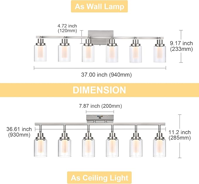6-Light 5CCT LED Track Light Ceiling for Kitchen, Adjustable Directional Spotlight in Brushed Nickel Bathroom Lighting Fixture with Clear Glass & Frosted Colunm