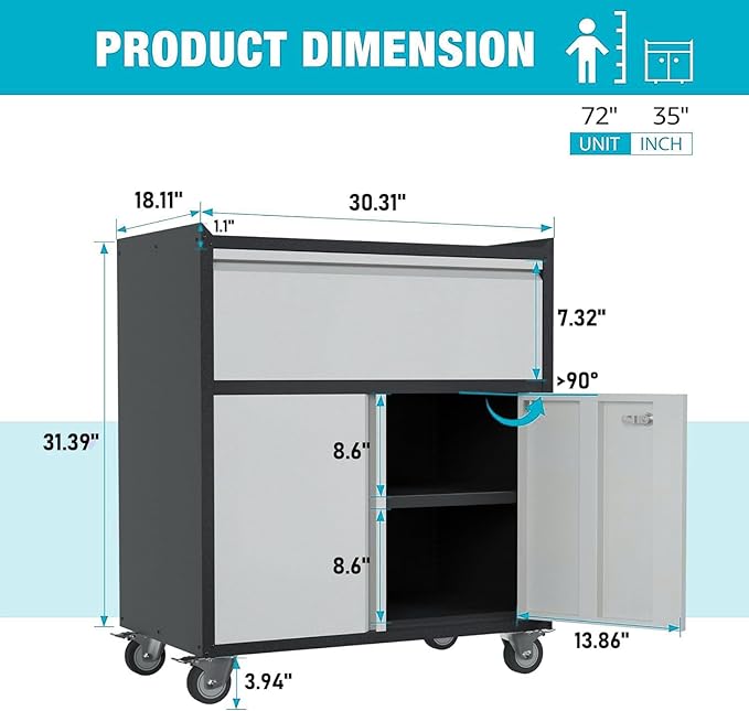 Rolling Garage Storage Cabinet with Door and Drawer, Lockable Metal Tool Cabinet on Wheels for Garage, Home, Office, Black & Gray, Assembly Required, (18.11" D x 30.31" W x 35.43" H)