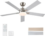 52 Inch Ceiling Fans with Lights and Remote, Brushed Nickel Ceiling Fan, 6 Speed Reversible DC Motor, 3CCT Dimmable LED, Modern Design for Bedroom, Living room & Covered Outdoor,Includes Downrod