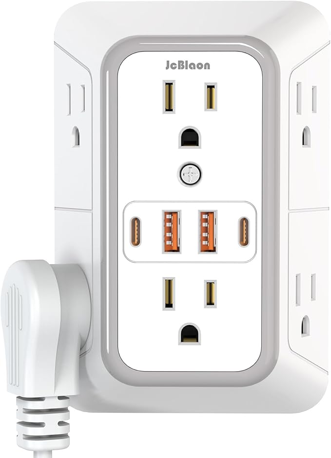 USB Wall Charger Power Strip Surge Protector with 4 USB Ports (2 USB C) Plug Extension Multiple Outlets Plug Extension Multi Outlet Plug in Adapter Spaced Outlets for Home Office Travel,White (White)