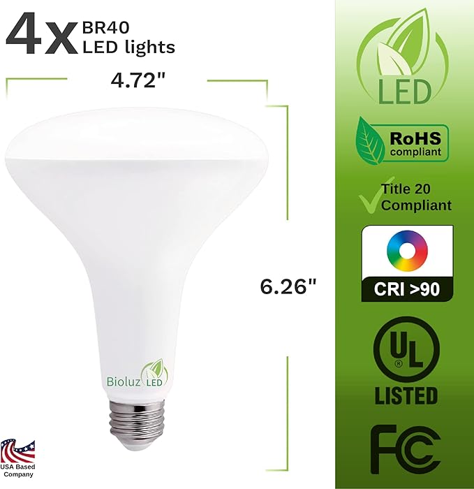 Bioluz LED 4 Pack BR40 LED Bulb 2700K Warm White 90 CRI Dimmable UL-Listed CEC Title 20 Compliant 1250 Lumen Outdoor/Indoor Flood Lights (Pack of 4)