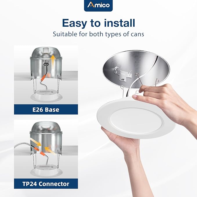 Amico Recessed Lighting 5/6 Inch, 24 Pack 5CCT Flat LED Can Lights, 2700K/3000K/4000K/5000K/6000K Selectable,12W Eqv 120W, 1050LM Brightness, Retrofit Installation - ETL & FCC