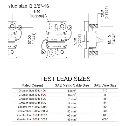 E9 250 Amp Circuit Breaker 12V - 48V DC with Manual Reset | UL Certified Waterproof IP67 | Surface Mount Switch Button with LED Indication 250A 3/8" Studs