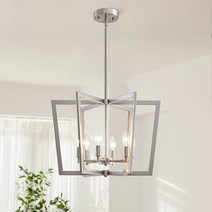 Brushed Nickel Chandelier, 6-Light Geometric Dining Room Light Fixture Over Table Metal Modern Chandelier Lighting for Kitchen Island Entryway, 20 Inch Pendant Lighting Hanging Ceiling Lamp
