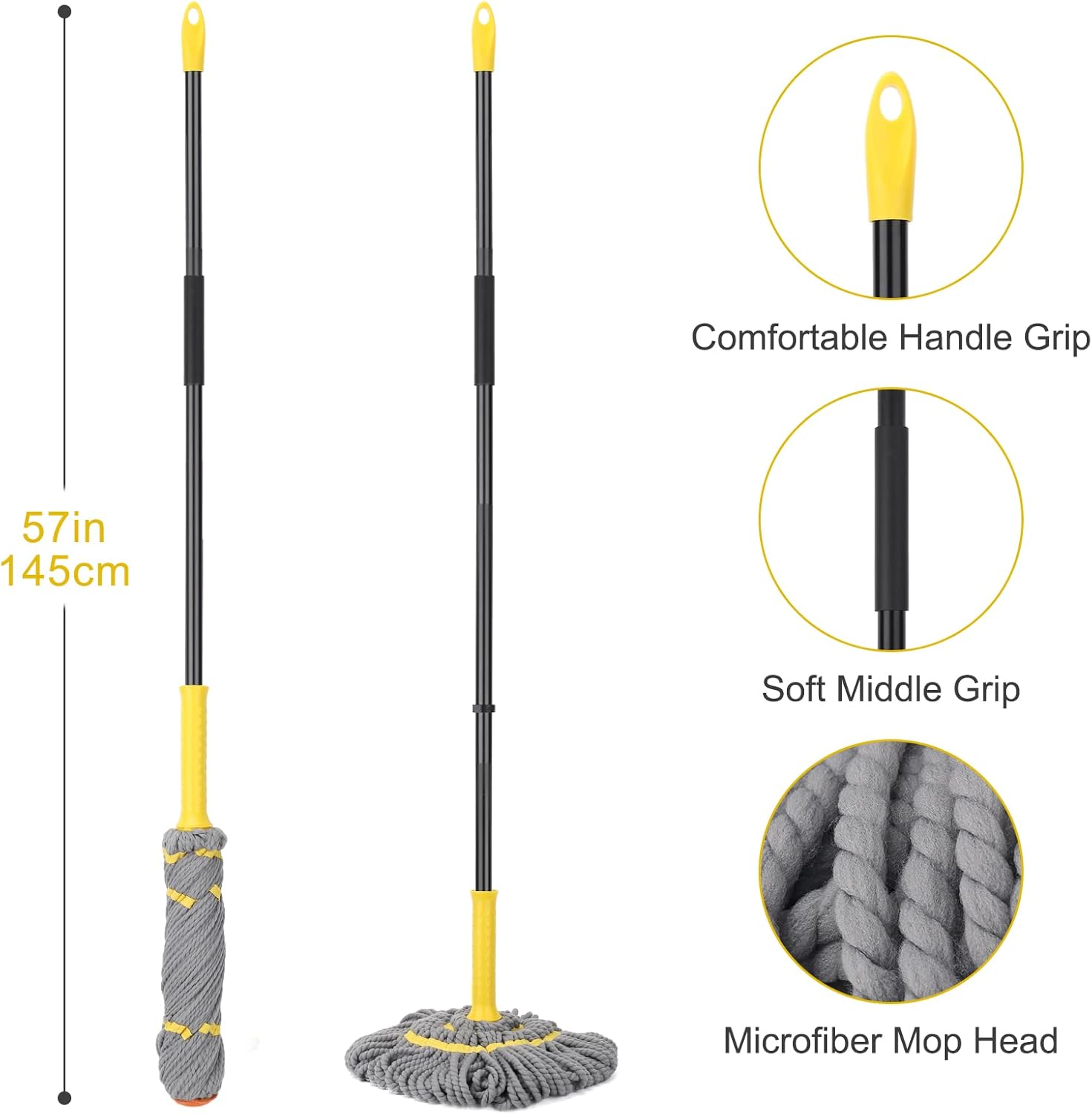 Self-Wringing Twist Mops for Floor Cleaning, Microfiber Floor mop with 57 " Long Handle, Easy Wringing Mop for Hardwood Commercial Household Clean (Gray Twist Mop)