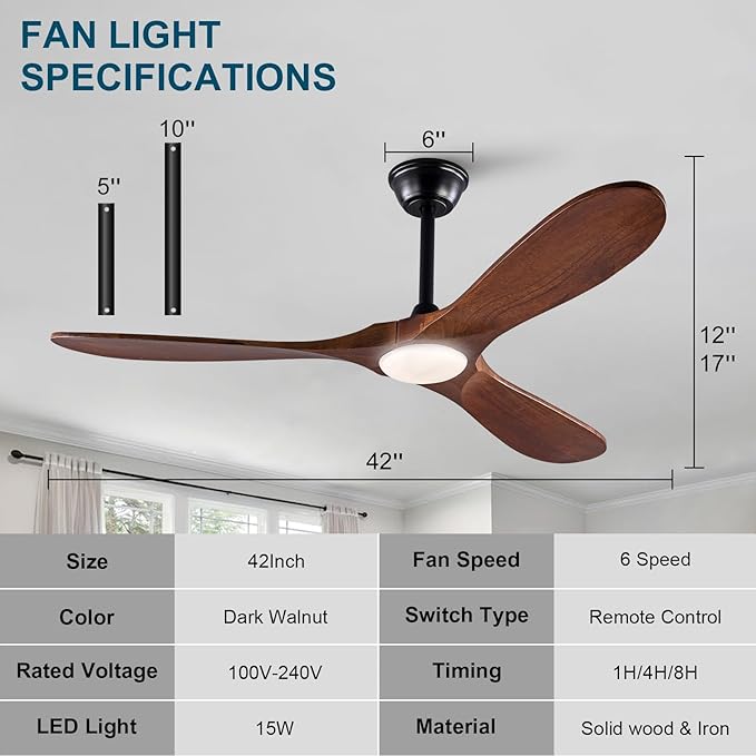 42 Inch Wood Ceiling Fan with Lights and Remote, Modern 3 Blade Fan, 6 Speed DC Motor for Indoor/Outdoor Use, Living Room, Bedroom, Patio