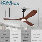 42 Inch Wood Ceiling Fan with Lights and Remote, Modern 3 Blade Fan, 6 Speed DC Motor for Indoor/Outdoor Use, Living Room, Bedroom, Patio