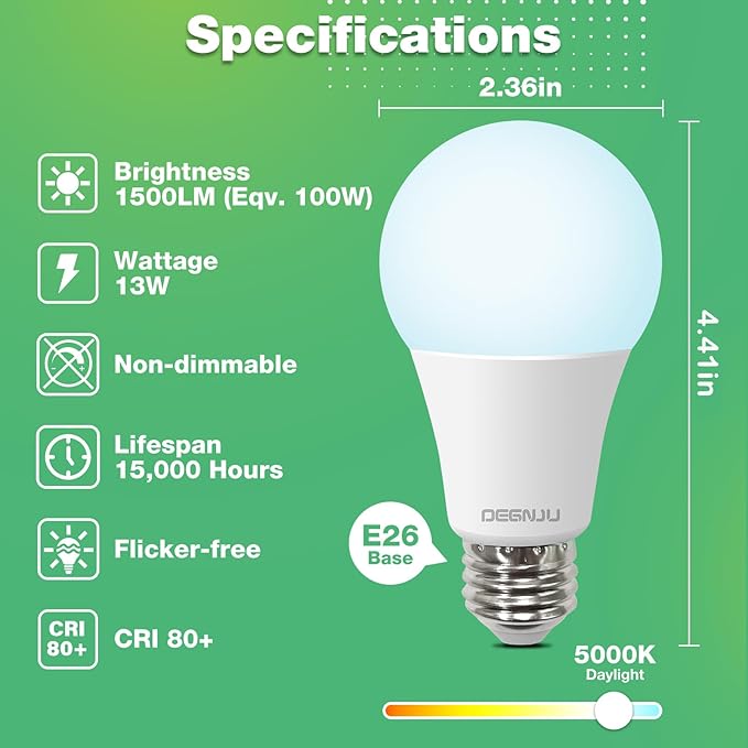 LED Light Bulbs, 100 Watt Equivalent LED Bulbs A19, 5000K Daylight, 1500 Lumens, E26 Standard Base, Non-Dimmable, 13W Warm White LED Bulb for Bedroom Living Room, 3 Pack