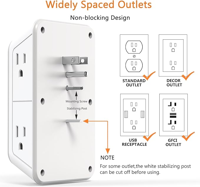 USB Wall Charger Power Strip Surge Protector with 4 USB Ports (2 USB C) Plug Extension Multiple Outlets Plug Extension Multi Outlet Plug in Adapter Spaced Outlets for Home Office Travel,White (White)