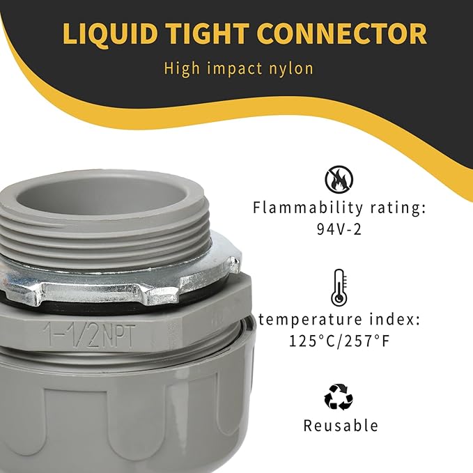 Conduit Connectors, 1-1/2 Inch Liquid Tight Connector NPT Non-Metallic for PVC Electrical Flexible Conduit Fittings, 180 Degree Straight, UL Listed for Home Outdoor Tubes Tools, Grey (5-Pack)