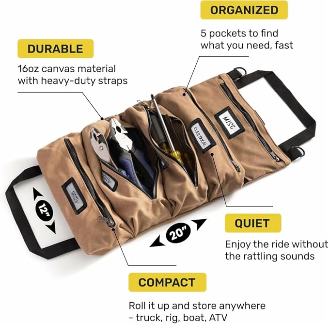 Official Legacy Tool Roll Bag - Easy to Carry 5-Pocket Roll Up Tool Bag - Durable Canvas, Rust-Proof YKK Zippers & Secure Buckle - A Loving Gift for Dads, Mechanics, Electricians & Hobbyists | Khaki