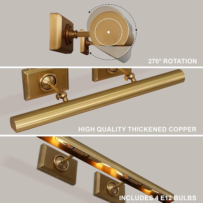 Picture Light, 24in Hardwired Picture Lights for Wall, Dimmable Wall Sconces Poster Light, Brass 4 Lighting for Paintings Frames Art Display Gallery Bedroom Living Room-Included Bulbs(Gold)