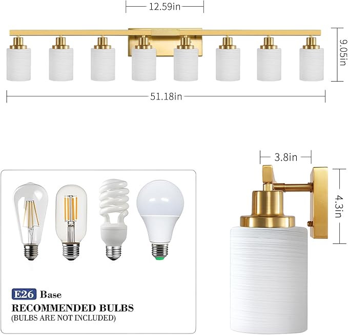 52inch Gold Bathroom Light Fixtures, Modern Bathroom Vanity Light with Milky White Glass Shade, Gold Wall Lamp Sconces for Mirror Bedroom, Living Room Hallway