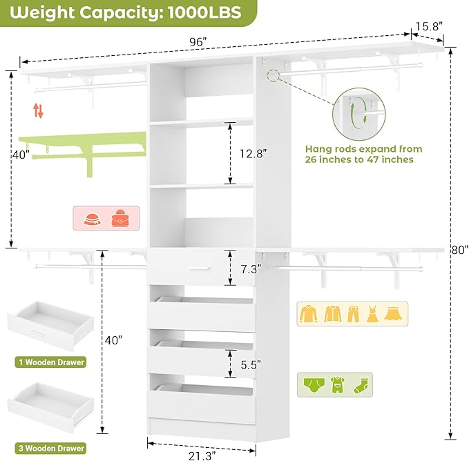 Aheaplus Closet System with 4 Drawers, 8FT Wood Closet Organizer System, 96’’ Closets Built In System Tower with Shelves, Walk-in Closets Wardrobe Clothes Garment Rack, Fits Spaces 4-9 ft, White
