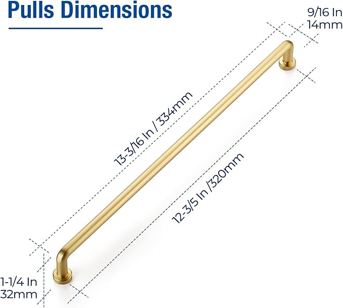 JOY DECOR Cabinet Pulls – 12-3/5 Inch Hole Center, Brushed Brass, 5 Pack, Zinc Alloy Cabinet Handles for Drawers & Cupboard – Vintage Style Hardware for Kitchen, Bathroom, Dresser, Furniture Makeover