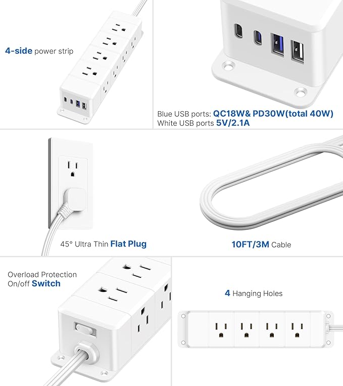 30W USB C Power Strip Surge Protector,4 Side 12 Outlets Desk Power Strip with Ultra Thin Flat Plug,PD Fast Charing,2 USB-C,2 USB-A(USB Total 40W),10ft Flat Extension Cord with Multiple Outlets,1200J