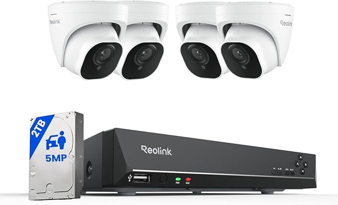 REOLINK Smart 5MP 8CH Home Security Camera System, 4pcs Wired PoE IP Cameras Outdoor with Person/Pet/Vehicle Detection, 4K 8CH NVR with 2TB HDD for 24-7 Recording, RLK8-520D4-5MP