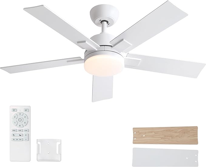42 Inch Ceiling Fans with Lights and Remote, White Ceiling Fan with 5 Blades, 6 Speed Reversible DC Motor, 3CCT Dimmable LED, Modern Design for Bedroom, Living room & Covered Outdoor,Includes Downrod