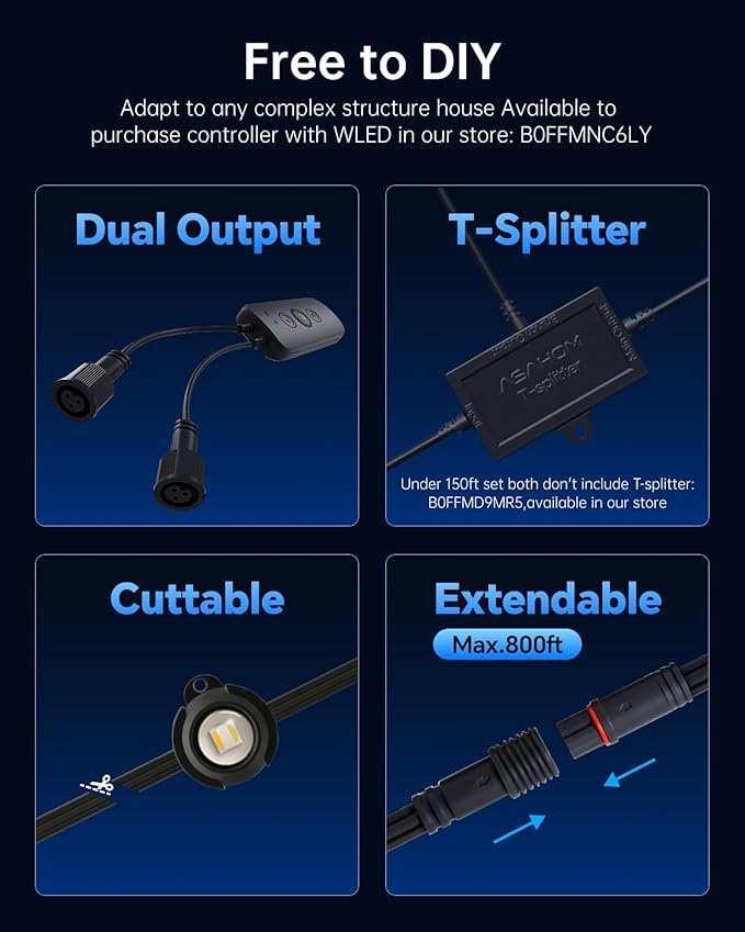 ASAHOM AI Permanent Outdoor Lights S107E, 300FT with 216 RGBCW LED Lights and Dual Output, 30,000 Lighting Effect Combination, IP67 Waterproof for House Halloween Christmas and Daily Decoration, Black