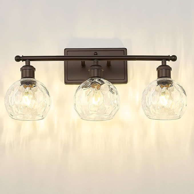 zeyu Farmhouse 3 Light Vanity Lighting, 21.4'' Bathroom Mirror Wall Light, Oil Rubbed Bronze Finish with Clear Hammered Globe Glass, ZJF63BG-3W ORB-WG