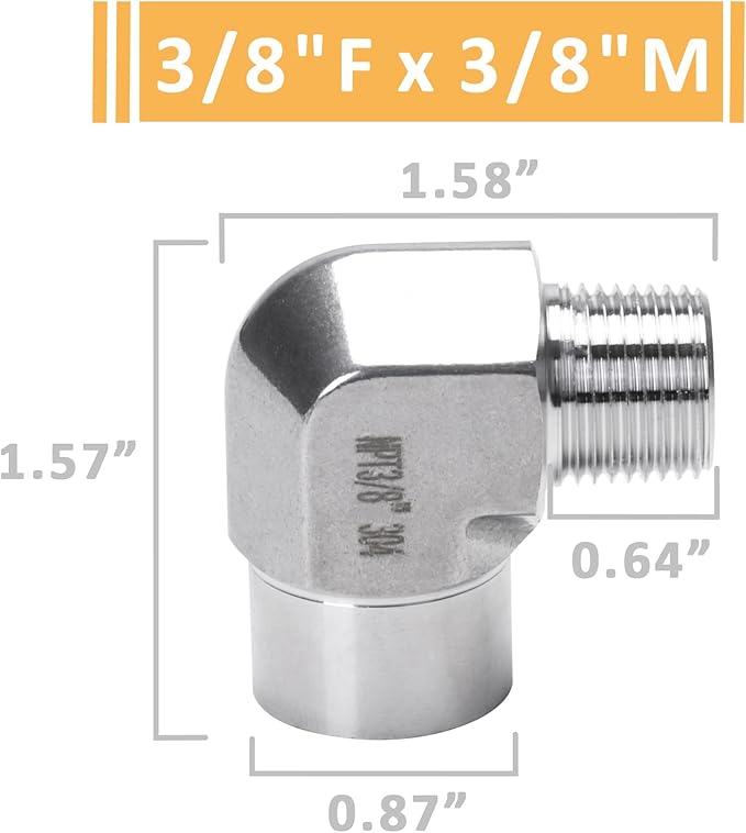 90 Degree Street Elbow - 3/8" NPT Male to 3/8" NPT Female Stainless Steel 304 Heavy Duty Forged Barstock Street Elbow Adapter Pipe Fitting (pack of 2)
