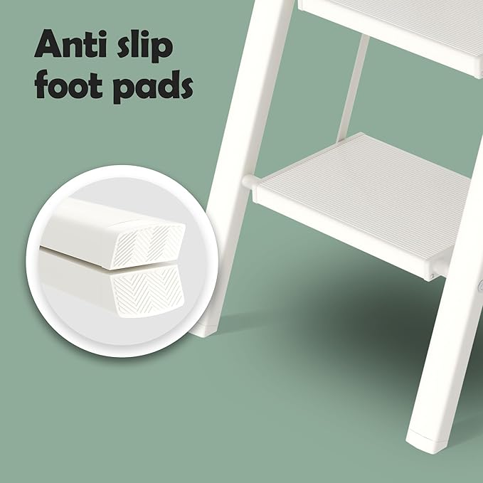 Taranta 2 Step Ladder,Aluminum Lightweight Folding 2 Step Stool with Anti-Slip Wide Pedal, 330lbs Capacity Step Ladder for Household,Kitchen,Office - White