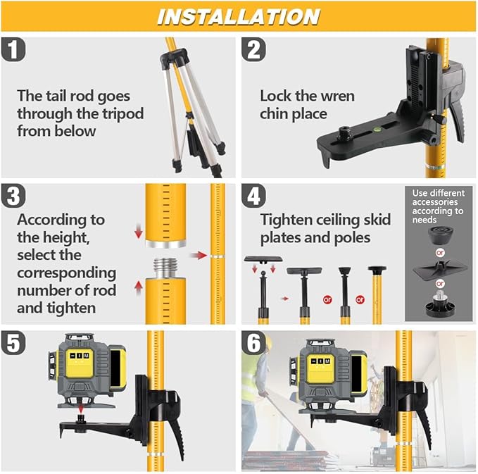 MOETER Telescoping Laser Level Pole Kit - 12Ft./3.6M Adjustable Pole with Tripod, Spring-Loaded Base & Mount for Rotary/Line Lasers (1/4"-20 & 5/8"-11 Adapters)