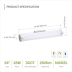 ASD LED 24" Vanity Wall Mount Light Fixture, Linear Bathroom Lighting Bar | 3CCT, Dimmable, Energy Star, ETL Listed | 25W 1950LM 3000-5000K 120V | Long Tube Bath Sconce Over Mirror | Nickel