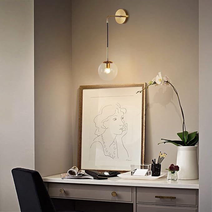 KCO Modern Glass Globe Wall Sconce Set of Two Minimalist Gold Wall Light Fixture with Adjustable Cord Brass Round Glass Wall Mounted Reading Lamp (Clear-2PC)