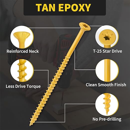 Wood Screws 5 Inch, FIXLINK Deck Screws #10 x 5, 105 PCS, Epoxy Coated, T25 Star Bit Above 1500 Hour Salt Spray Coating Outdoor Decking Screws Excellent Rust Resistant for Wood Fence, Tan