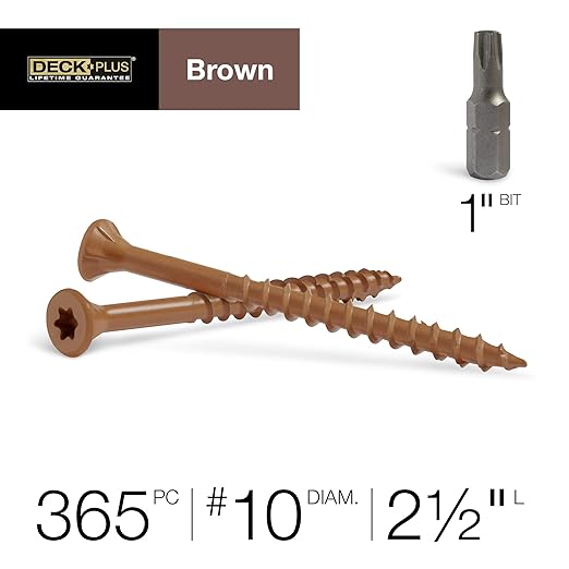 Deck Plus 2-1/2 Inch Epoxy Coated Exterior Wood and Fence Screws #10 x 2-1/2" Torx/Star Drive Included Coarse Thread, Outdoor Rust Resistant Decking Screw, Brown, 5 lb Box, 365 Pieces | 49007
