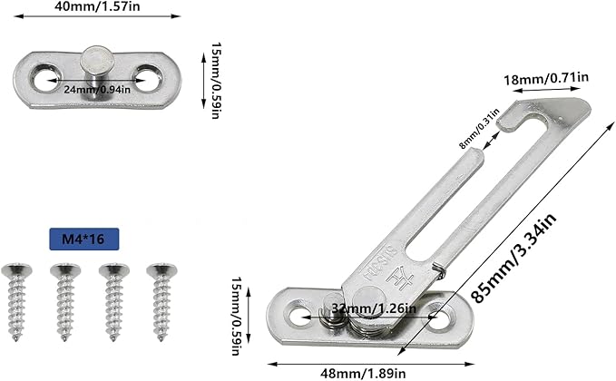 2PCS 10x4.5CM Window Hook Automatic Limiter Silver Stainless Steel Safety Window Opening Restrictor Lock for Window Frame and Sash with Distance of 14 to17MM Inside and Outside Window