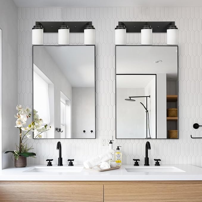 TODOLUZ Wall Sconce Lighting Over Mirror, 3-Lights Matte Black Bathroom Vanity Light Fixtures with Opal White Glass, Wall Mount Bath Light for Dressing Table Hallway Bedroom