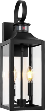 20" Black Motion Sensor Outdoor Light, Large Dusk to Dawn Outside Lighting Fixture, Exterior Farmhouse Wall Mount Porch Lantern, Waterproof Sconce Lamp for Outside Patio, 3 Modes/2-Light/1-Pack