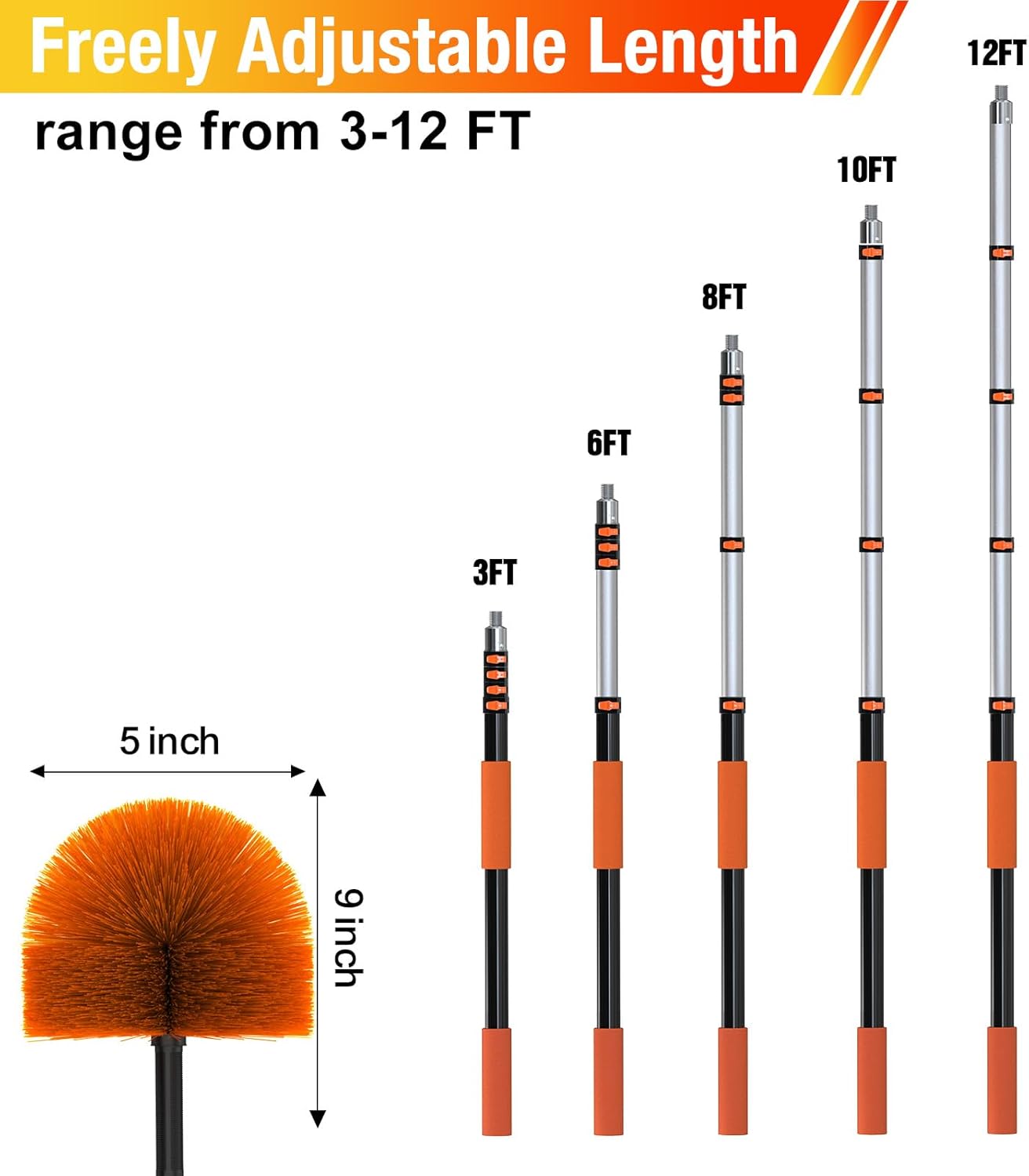 12FT (20FT Reach) Cobweb Duster with Extension Pole, Spider Web Brush for Cleaning Extendable, Professional Ceiling and Corner Dusters for Outdoor Indoor Use