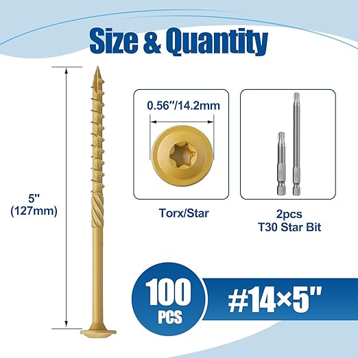 Lag Screws #14×5", 100PCS Heavy Duty Construction Screws, Rust Resistant, Washer Head, Bronze Coated External Wood Screws, Trusss Lag Screws, 2PCS T30 Star Bit Included
