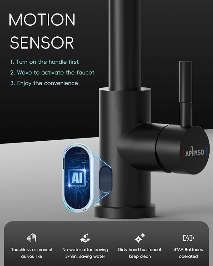 APPASO Touchless Kitchen Faucets Black, Kitchen Faucet with Pull-Down Sprayer, Touchless Sink Faucet with Soap Dispenser Matte Black, Stainless Single Handle High Arc with Motion Sensor