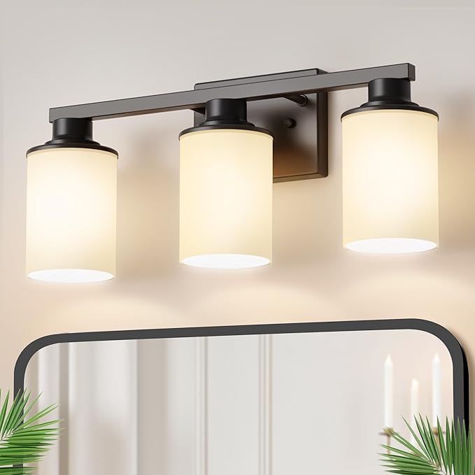 DORESshop 17 Inch Bathroom Light Fixtures, 3-Light Black Bathroom Vanity Light Over Mirror with Milk Glass Shade, Vanity Lights for Living Room Bedroom
