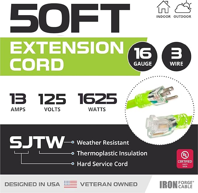 Iron Forge Cable Weatherproof 50 Ft Outdoor Extension Cord - 16/3 SJTW 13 Amp Heavy Duty Neon Green High Visibility Cable with 3 Prong - Lighted End