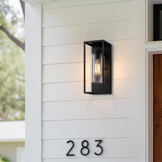 mirrea 14" Dusk to Dawn Outdoor Wall Sconce 1 Light in Cylinder Glass Shade and Matte Black Rectangular Metal Frame Waterproof Porch Light Patio Light Pack of 2